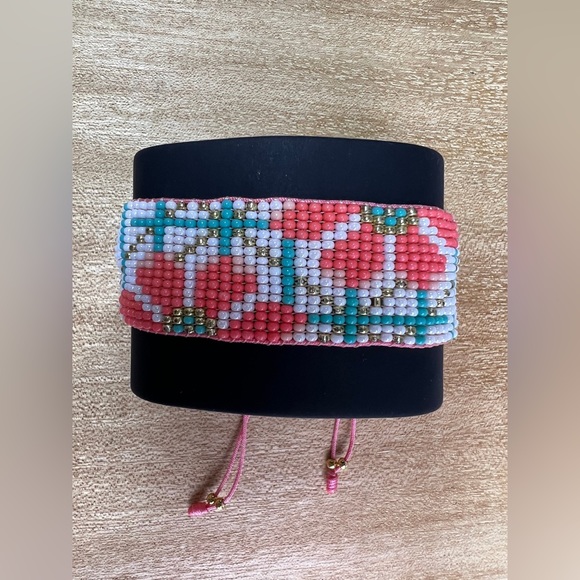 1970's Retro-Inspired Floral Beaded Bracelet Cuff - Flower Adjustable Bracelet - Picture 3 of 4